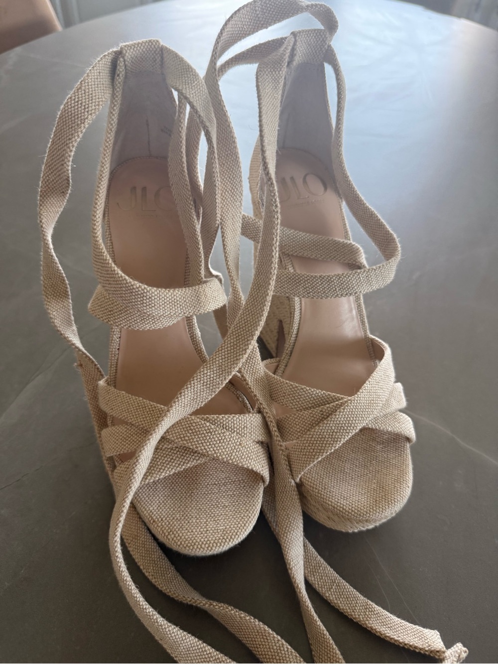 Jennifer Lopez Beige Canvas Platform Lace-Up Wedges